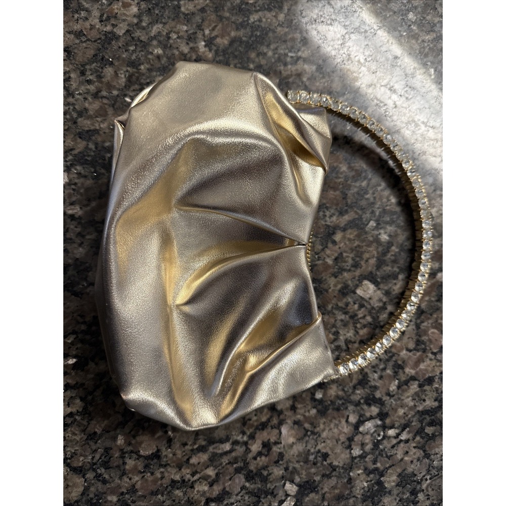 Gold Metallic Ruched Evening Bag with Rhinestone Crystal Top Handle Clutch